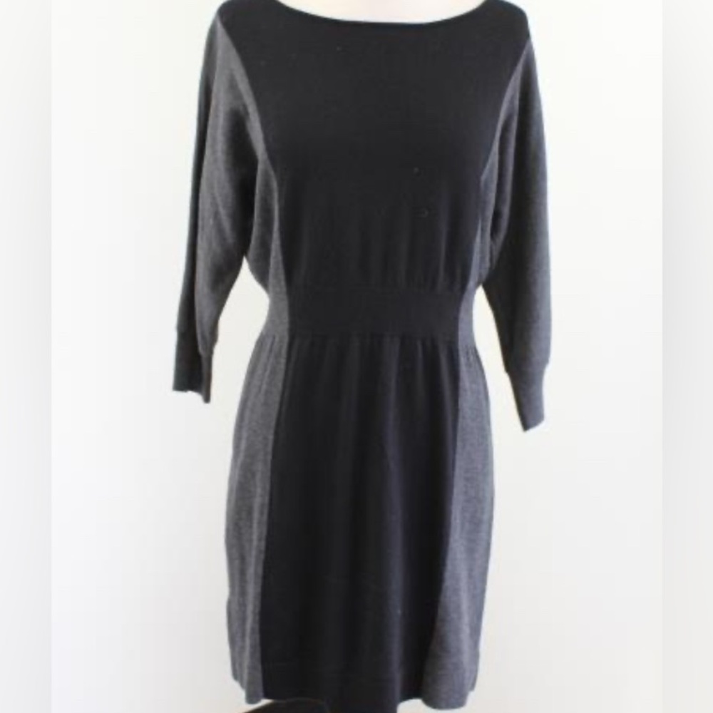 Ann Taylor Marino Wool Cotton Sweater Dress L Black/Gray Knit Vertical Stripe